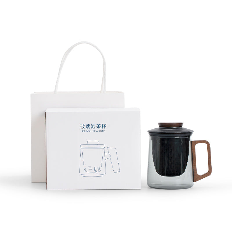 black glass tea mug with infuser and lid
