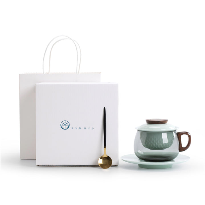 glass mug with lid and saucer spoon