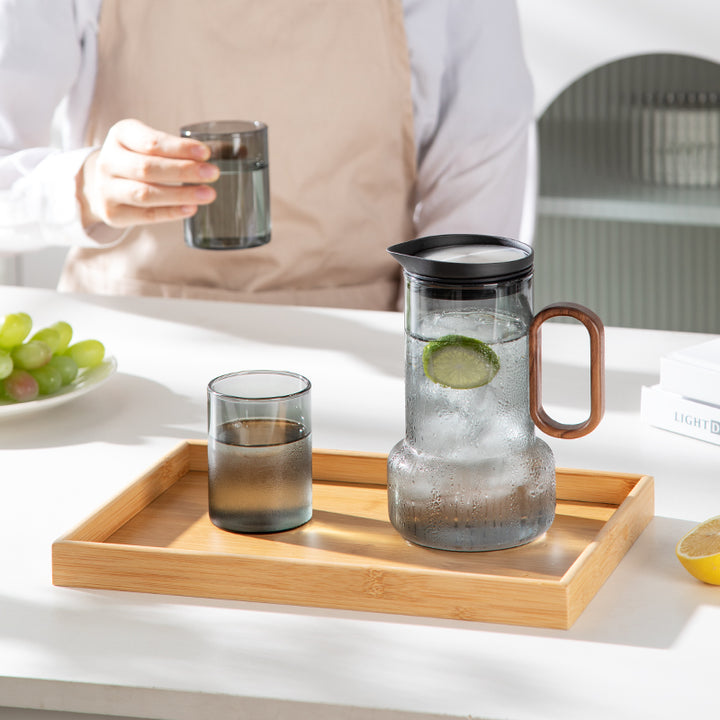 6 pcs Glass tea set  with bamboo tray