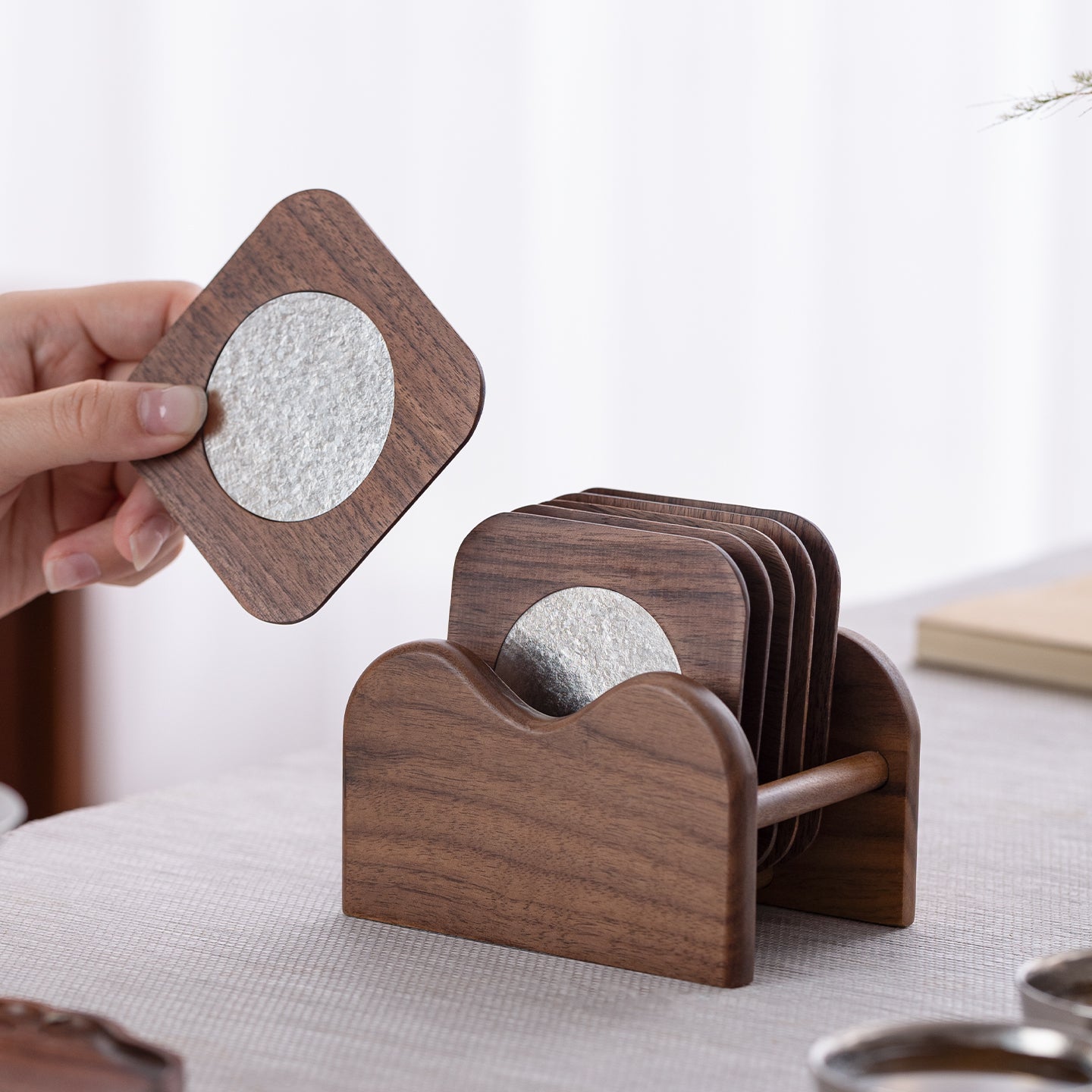 Round the Moon - Luxury Titanium and wood coaster set of 6 with