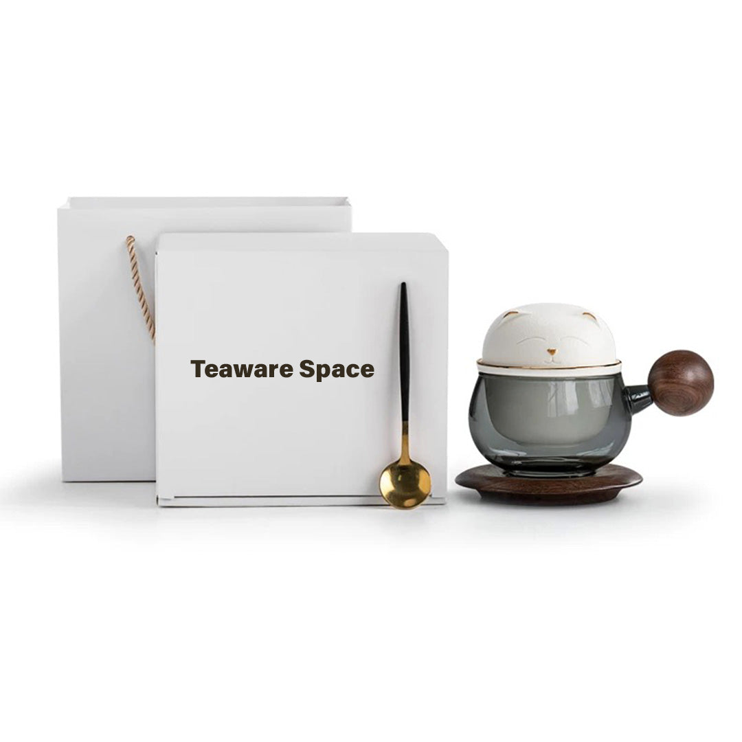 Cute cat - Glass tea and latte mug set