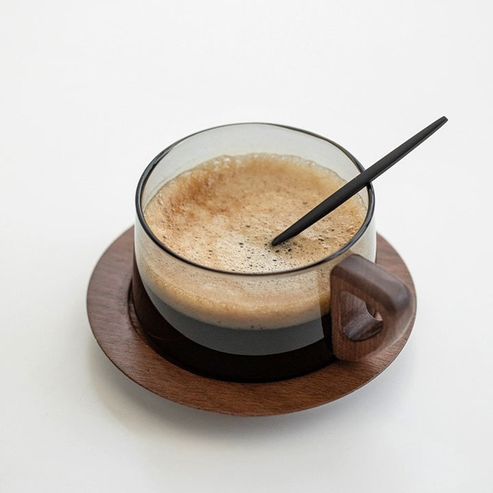 glass cappuccino cup with coaster and wood handle