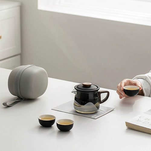 All-in-one travel tea set for two | 1 teapot 3 cups and 1 case | gift for tea lovers