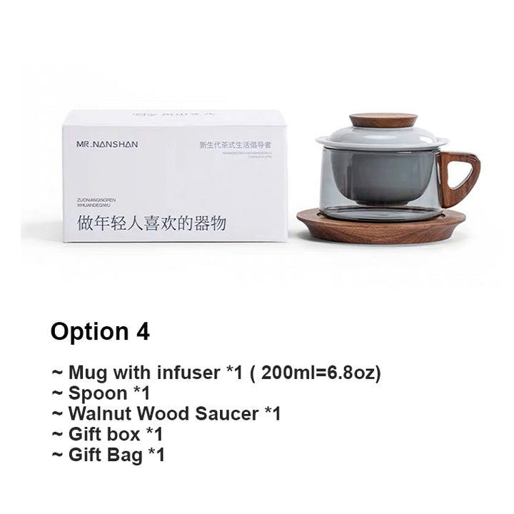 glass and ceramic coffee and tea mug with wood lid, handle and coaster