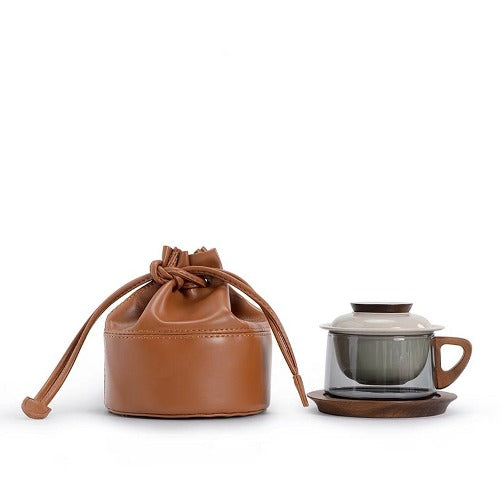 Cozy tea cup with lid, strainer, saucer, and travel case, travel mug 