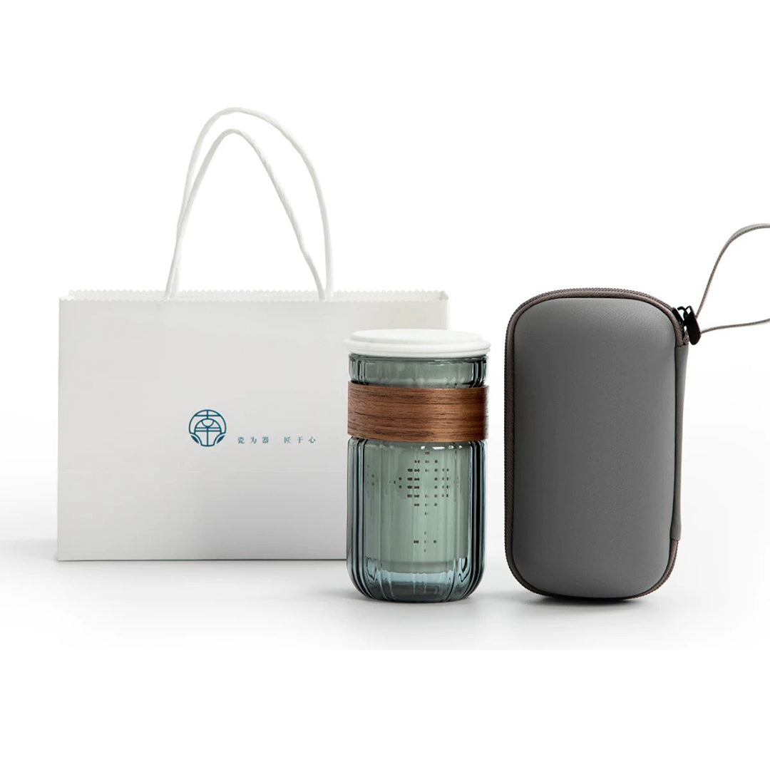 White glass travel tea mug with name and travel bag, gift for her