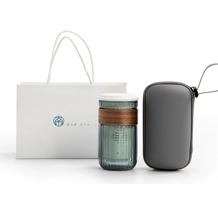 White glass travel tea mug with name and travel bag, gift for her
