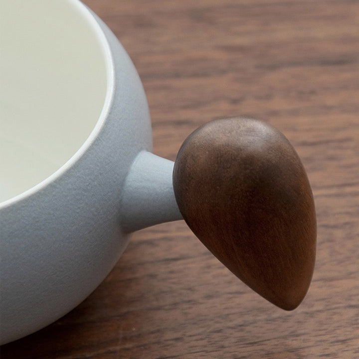 Handmade minimal coffee mug with wooden handle and saucer, coffee cup set