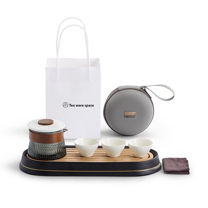 handmade travel tea set, 1 tea pot with lid and filter, 3 cups, 1 wooden tea tray, 1 towel, 1 travel bag