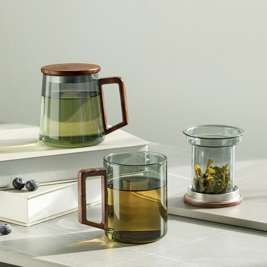 Handmade Glass tea mug with infuser, wooden lid | Christmas gift idea