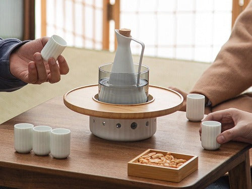 Japanese sake set with tray, warmer, and candle stove