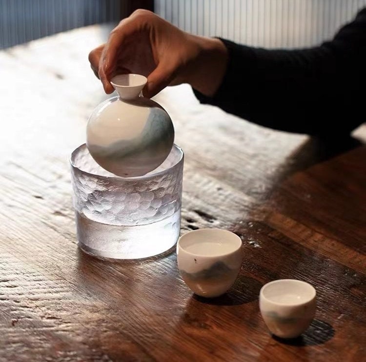 Service à saké vintage avec réchaud | 1 Pichet 2/4 tasses 1 réchaud avec coffret cadeau| cadeau pour lui/papa