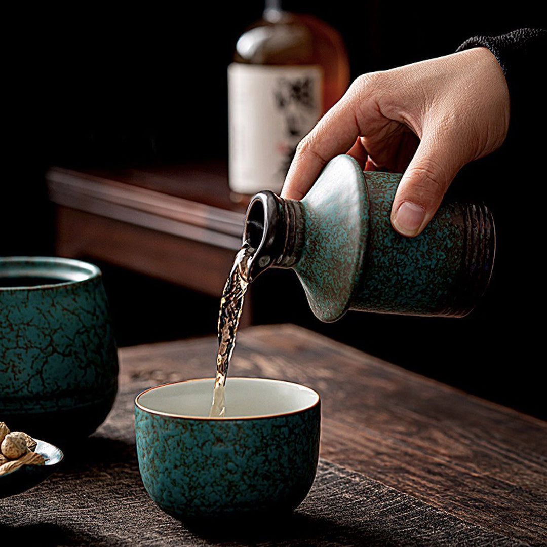 Japanese 7 pcs / 3pcs  Vintage marble sake set with warmer - Teaware Space