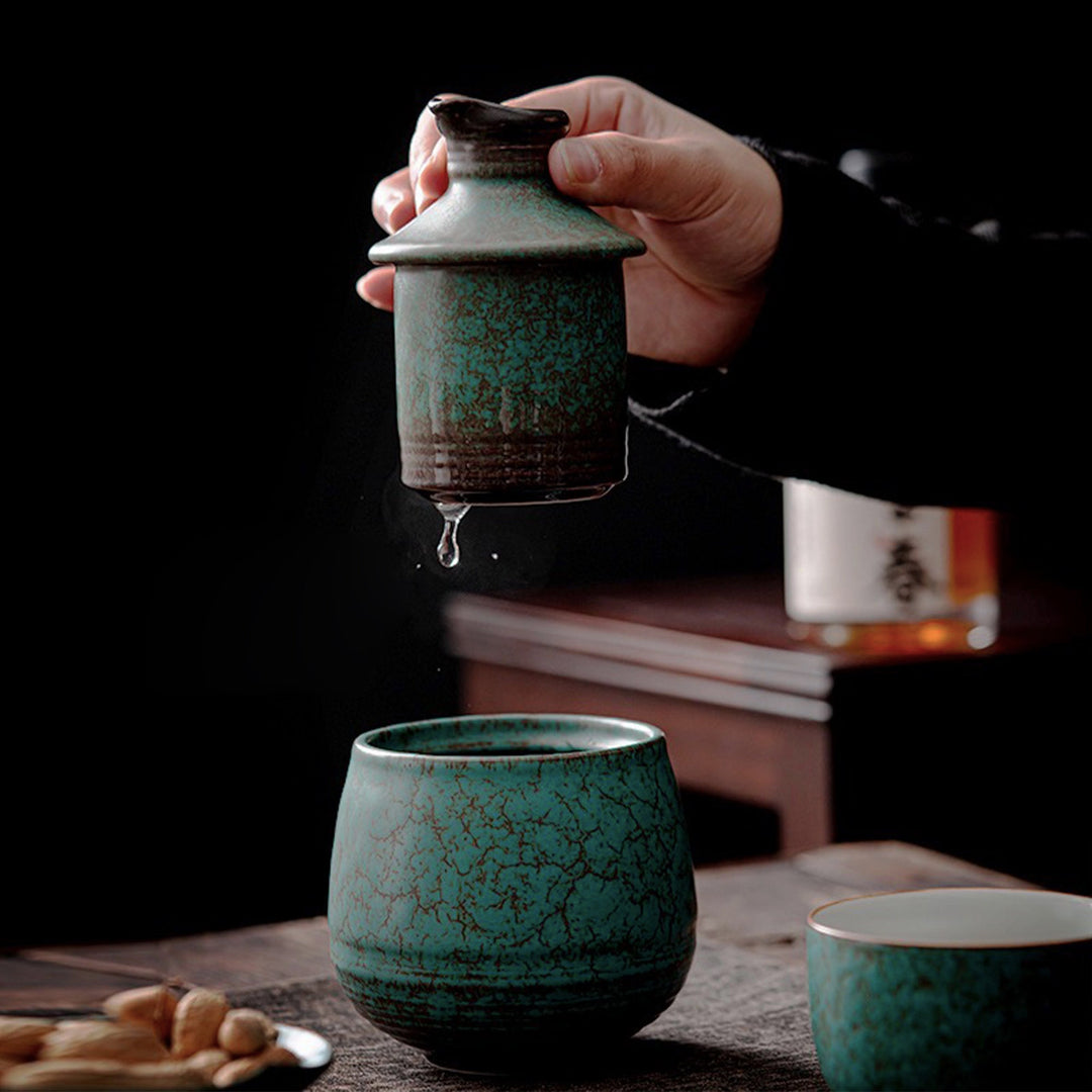 Japanese 7 pcs / 3pcs  Vintage marble sake set with warmer - Teaware Space