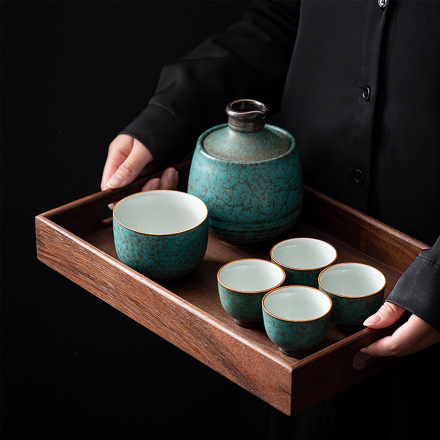 Japanese 7 pcs / 3pcs  Vintage marble sake set with warmer - Teaware Space