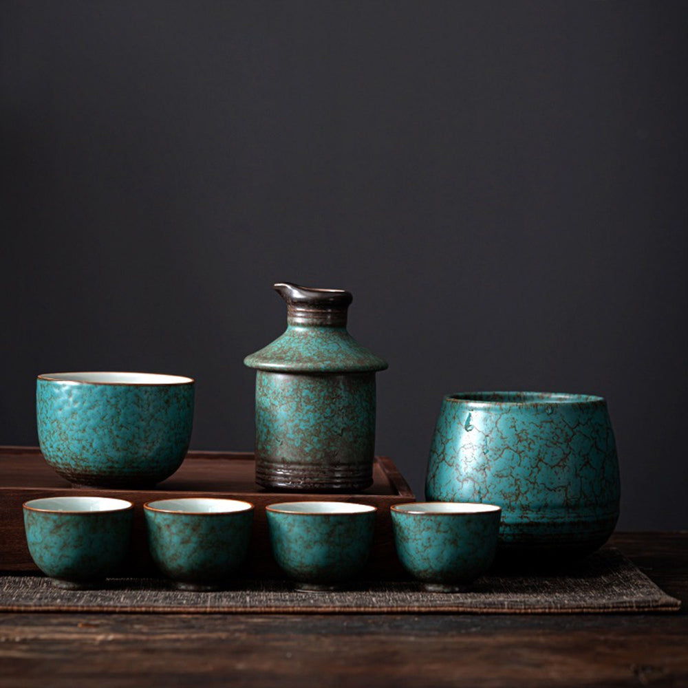 Japanese 7 pcs / 3pcs  Vintage marble sake set with warmer - Teaware Space