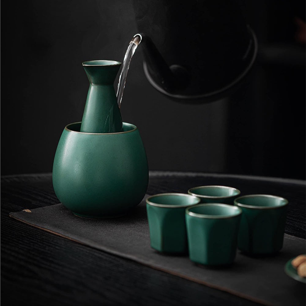 Vintage sake set with warmer - 1 sake bottle, 1 warmer, 4 cups