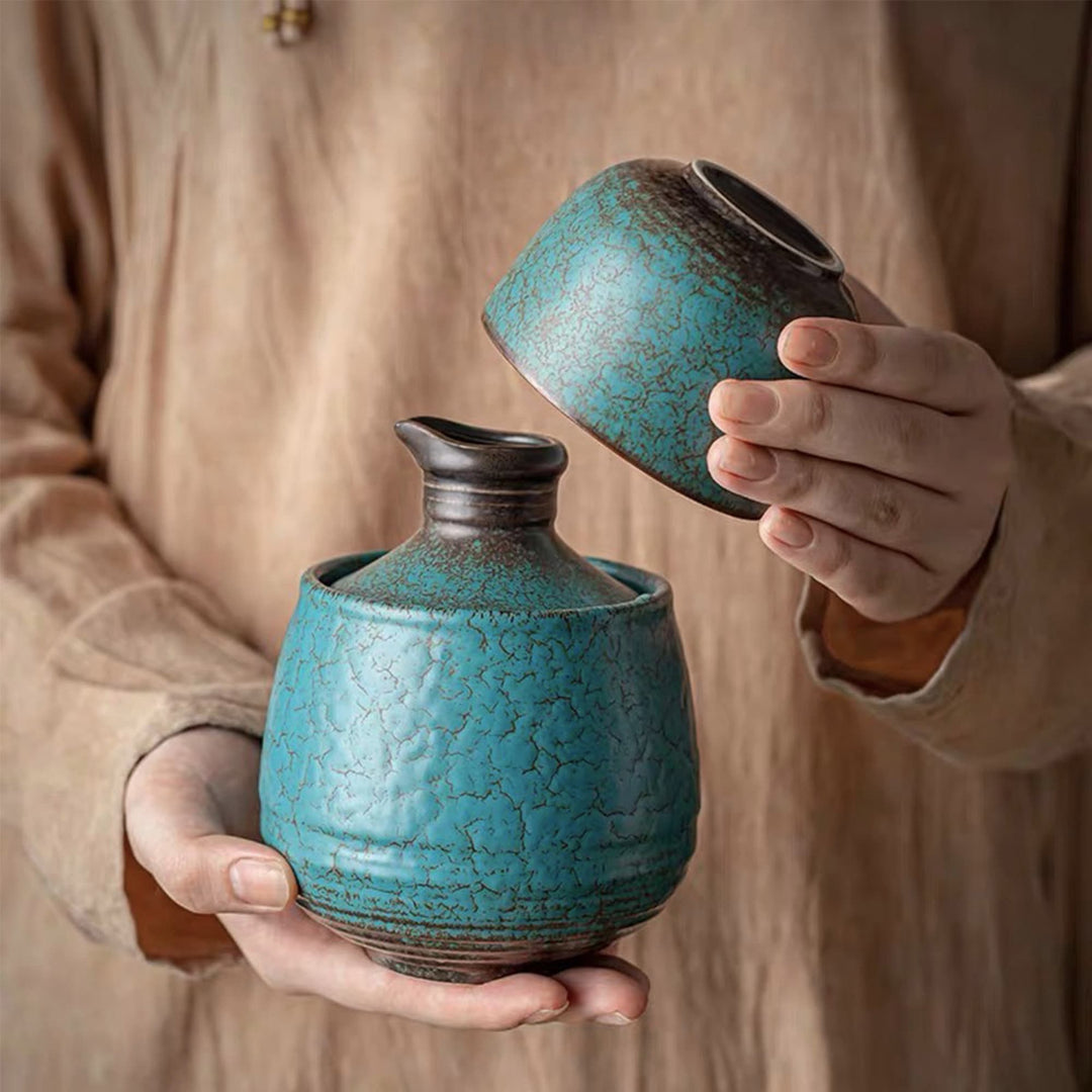 Idées cadeaux de Noël | Ensemble de saké japonais en marbre vintage 3 pièces avec réchaud | cadeau pour lui | décoration de salle à manger bohème
