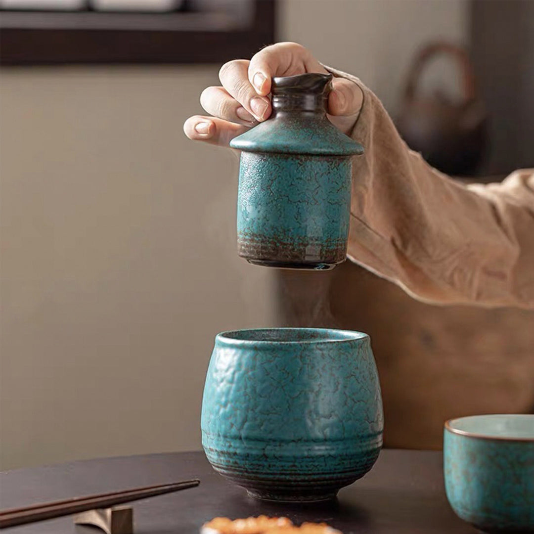 Idées cadeaux de Noël | Ensemble de saké japonais en marbre vintage 3 pièces avec réchaud | cadeau pour lui | décoration de salle à manger bohème
