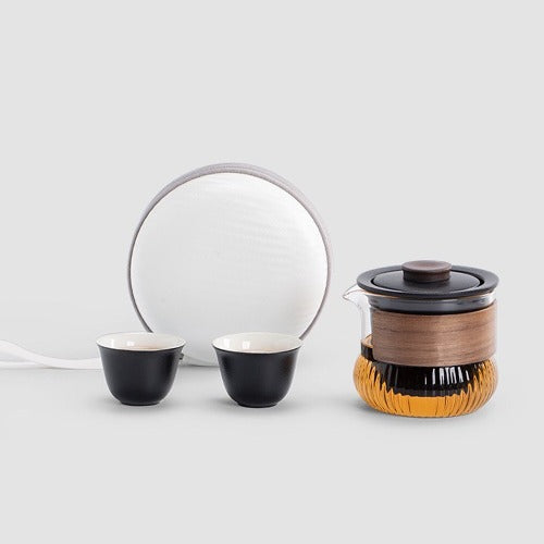 glass teapot with 2 cups and travel bag