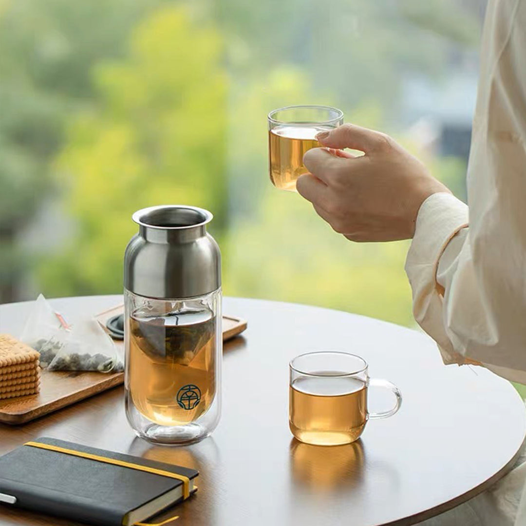 Travel tea set for two | 1 double layer glass mug, 2 cups, 1 case - Teaware Space