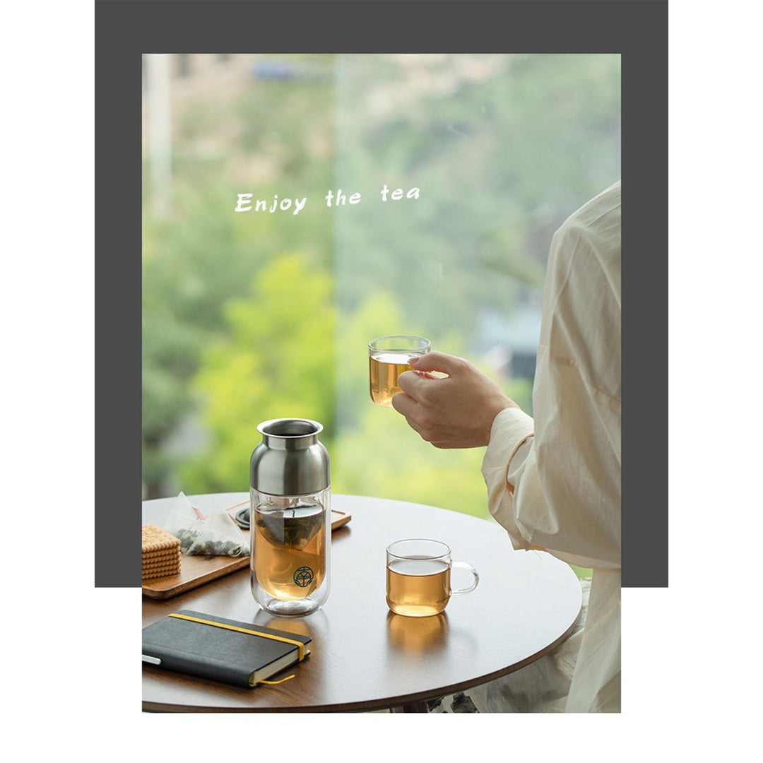 Travel tea set for two | 1 double layer glass mug, 2 cups, 1 case - Teaware Space