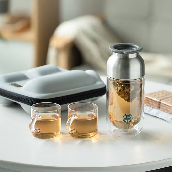 Travel tea set for two | 1 double layer glass mug, 2 cups, 1 case - Teaware Space