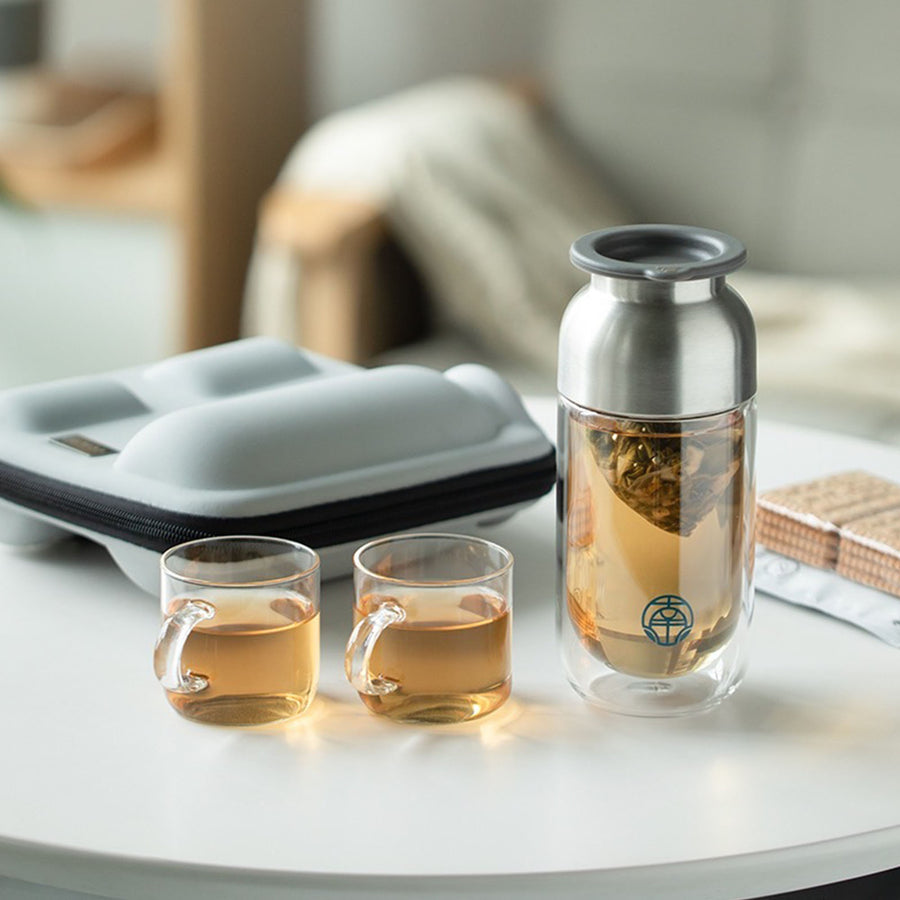 Travel tea set for two | 1 double layer glass mug, 2 cups, 1 case - Teaware Space