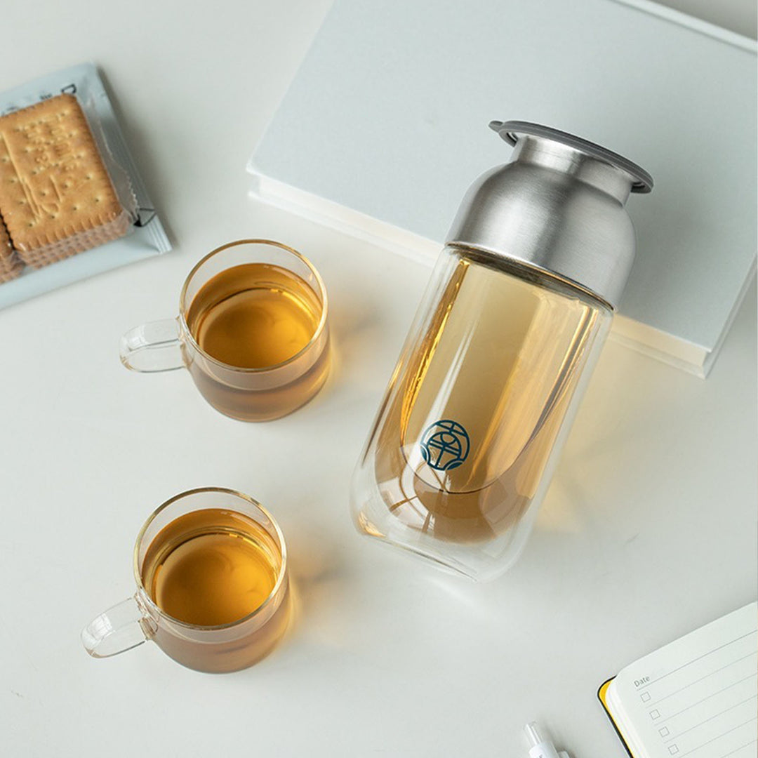 Travel tea set for two | 1 double layer glass mug, 2 cups, 1 case - Teaware Space