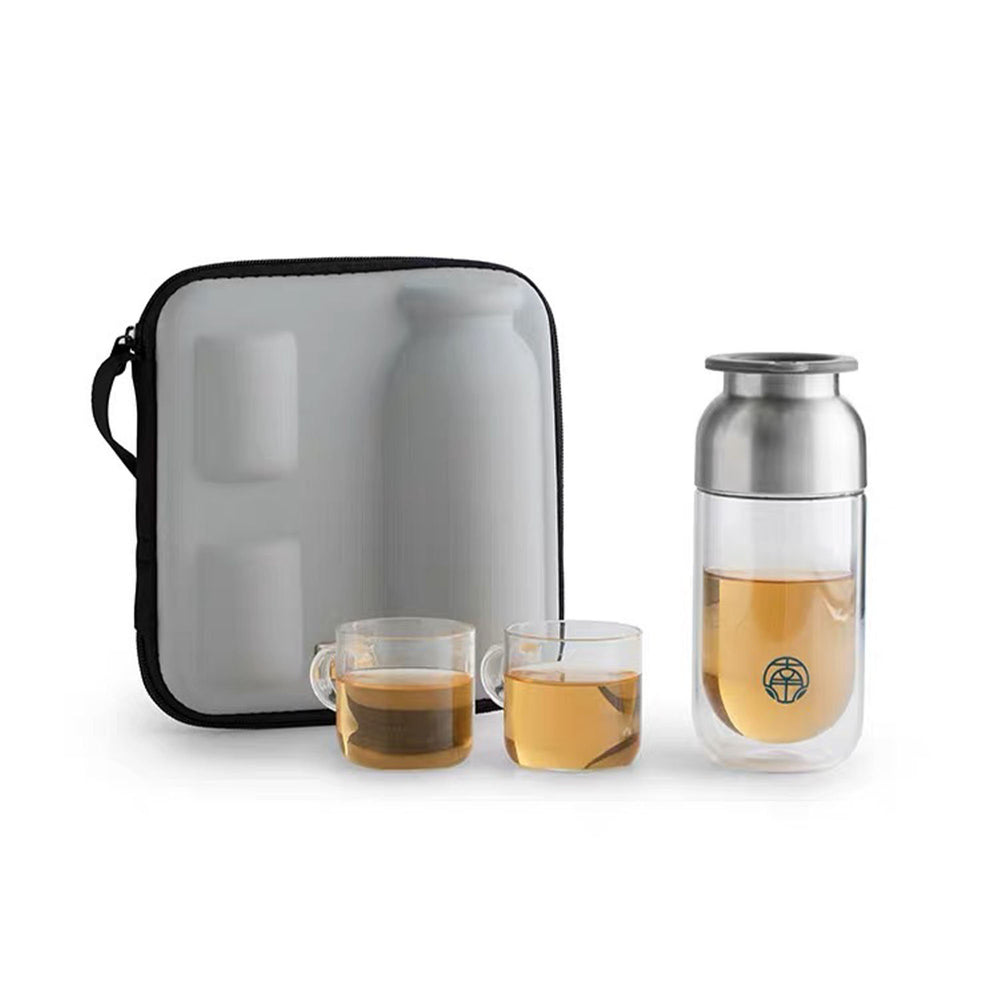Travel tea set for two | 1 double layer glass mug, 2 cups, 1 case - Teaware Space