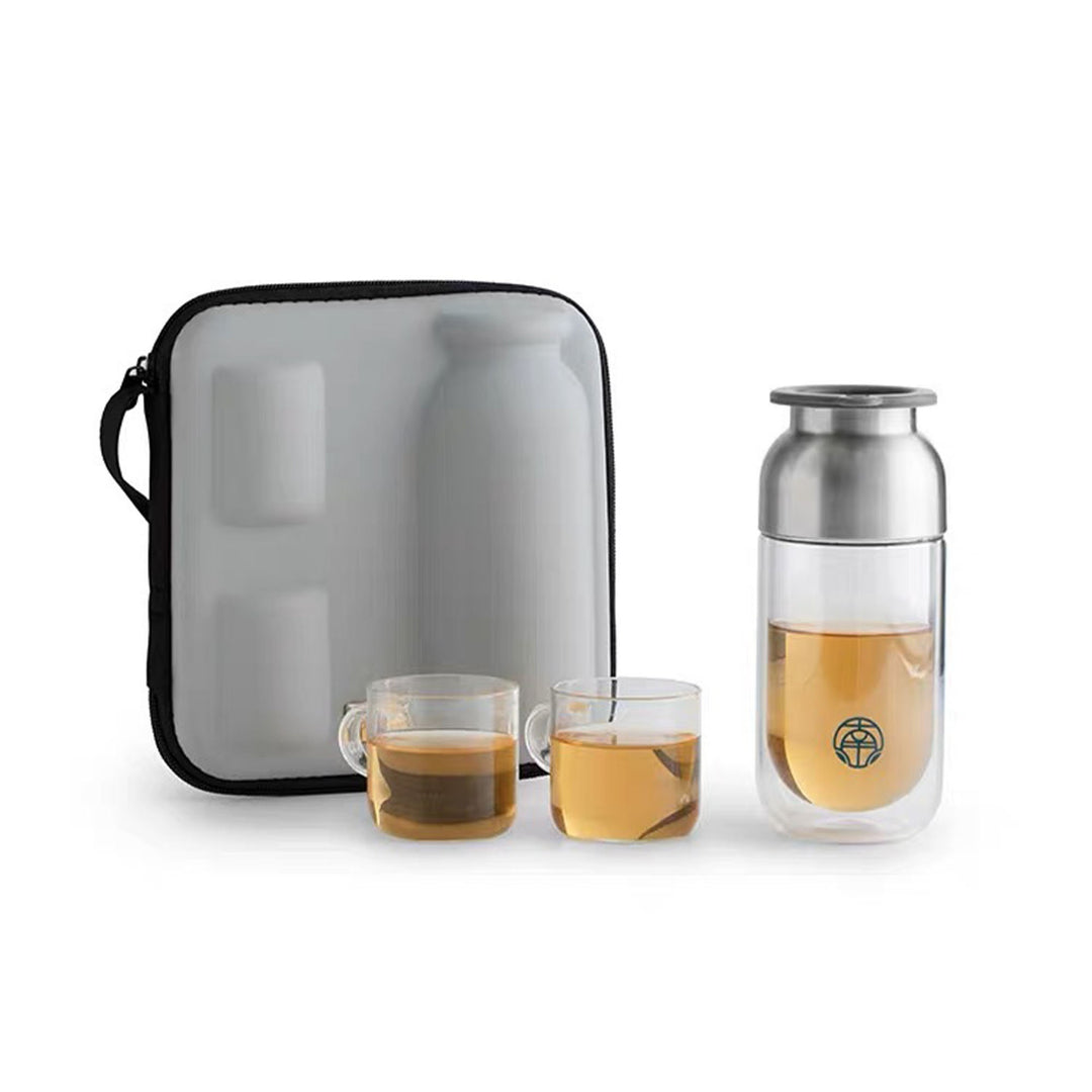 Travel tea set for two | 1 double layer glass mug, 2 cups, 1 case - Teaware Space