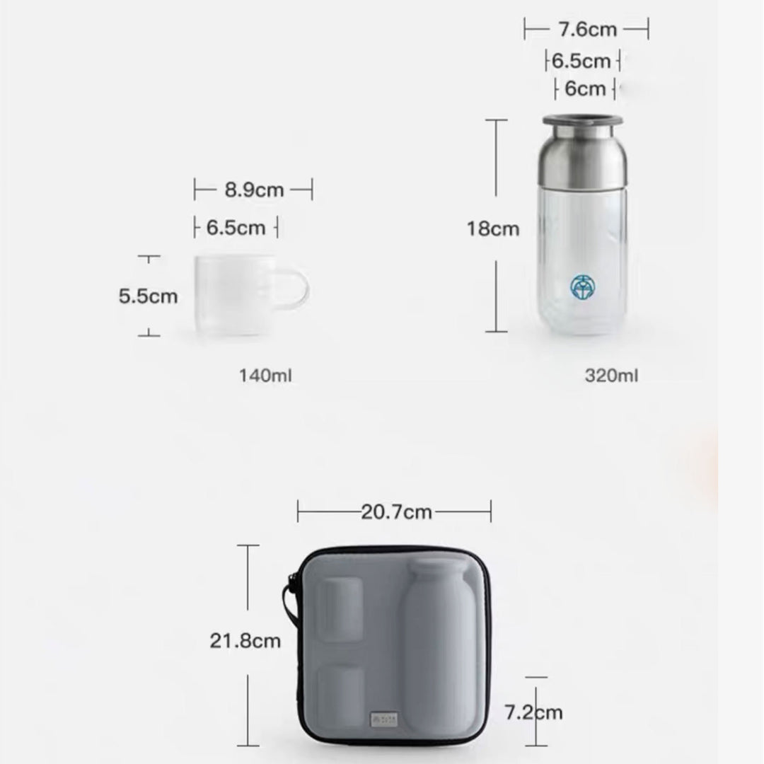 Travel tea set for two | 1 double layer glass mug, 2 cups, 1 case - Teaware Space