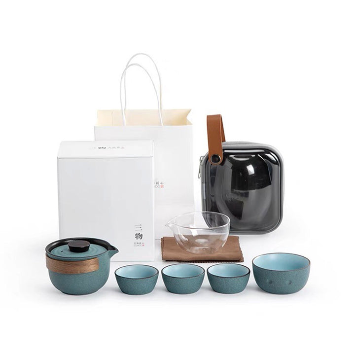 Personalized travel tea set for two | 1 teapot and  3 cups with case | Dining decor | gift for him - Teaware Space