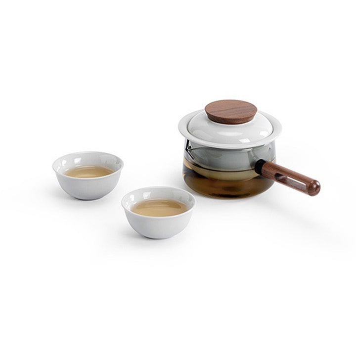 Unique travel tea set for two| 1 glass teapot with side handle, 2 cups, 1 case | Birthday gift