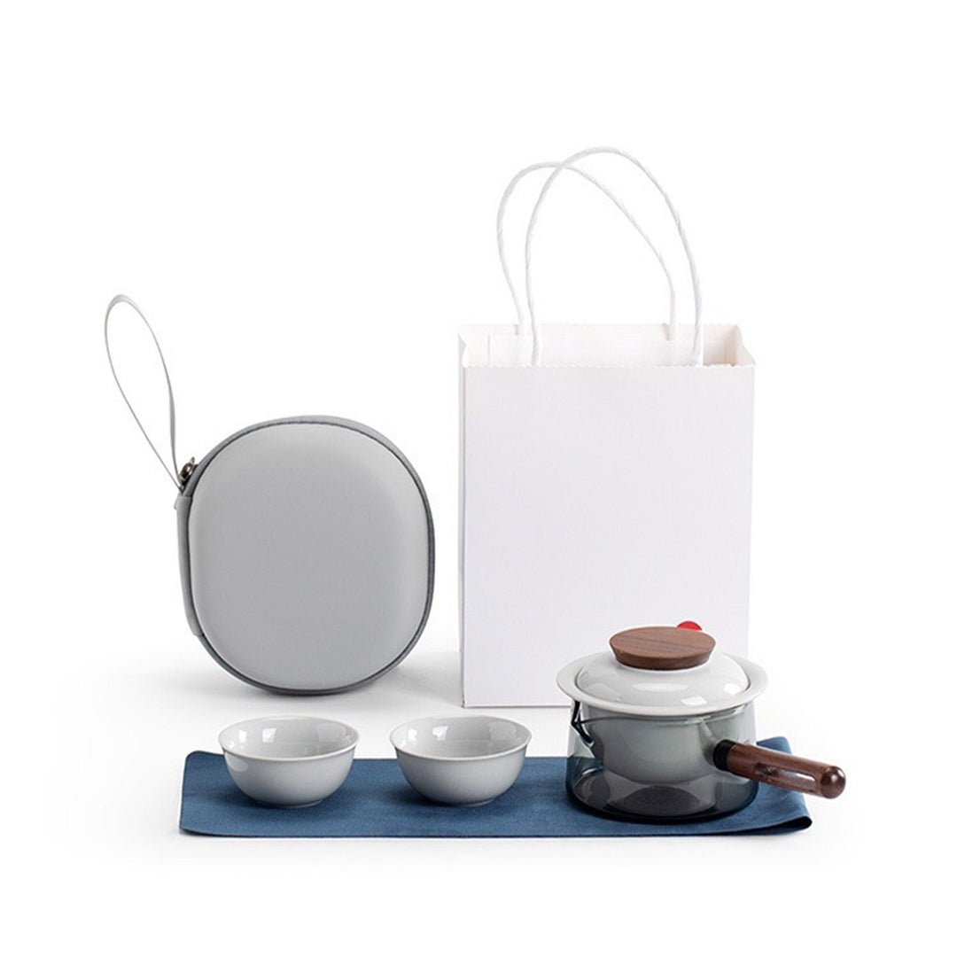 Unique travel tea set for two| 1 glass teapot with side handle, 2 cups, 1 case | Birthday gift