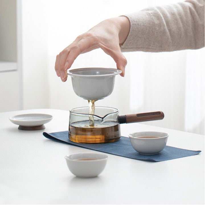 Unique travel tea set for two| 1 glass teapot with side handle, 2 cups, 1 case | Birthday gift