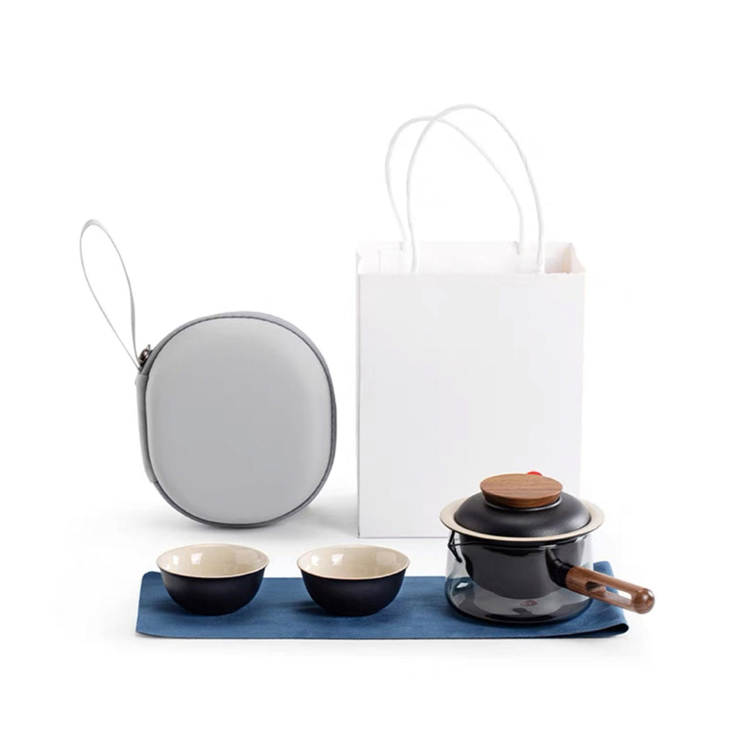 Unique travel tea set for two| 1 glass teapot with side handle, 2 cups, 1 case | Birthday gift
