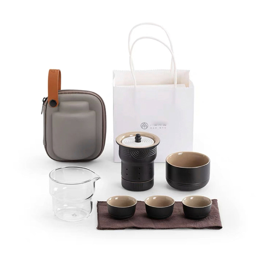 Service à thé de voyage tout-en-un 8 pièces pour deux | 1 théière, 4 tasses