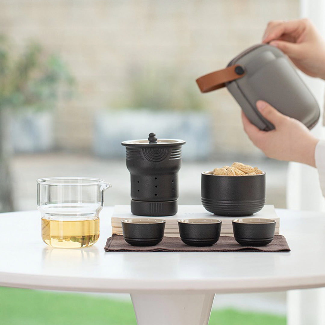 Service à thé de voyage tout-en-un 8 pièces pour deux | 1 théière, 4 tasses