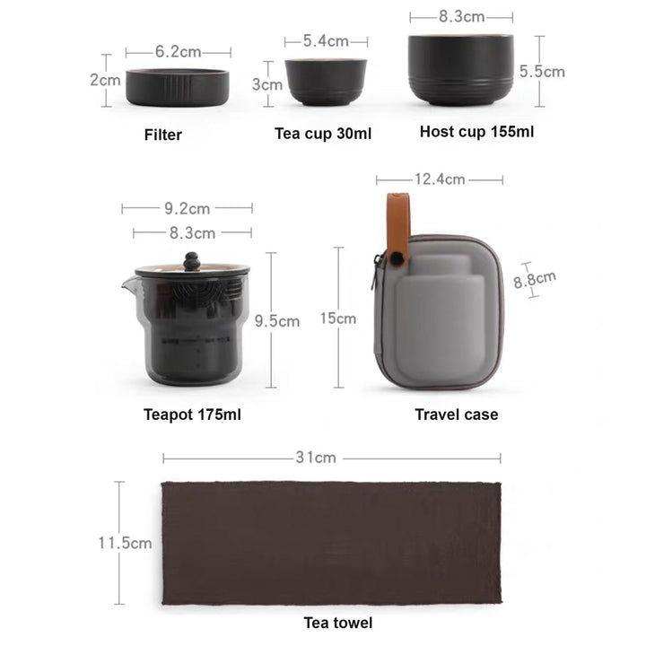 Service à thé de voyage tout-en-un 8 pièces pour deux | 1 théière, 4 tasses