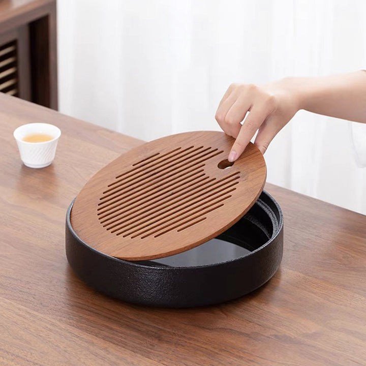 Handmade Natural Bamboo tea tray with ceramic drainage| Dining table decor | Gift for tea lover