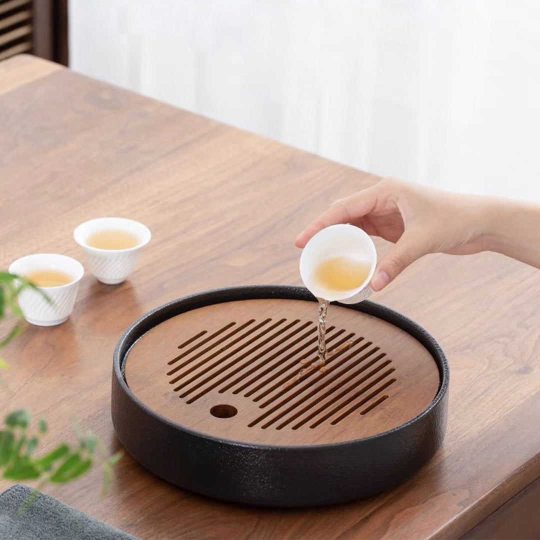 Handmade Natural Bamboo tea tray with ceramic drainage| Dining table decor | Gift for tea lover
