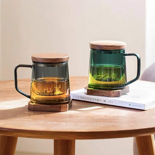 Glass tea mug with infuser and saucer