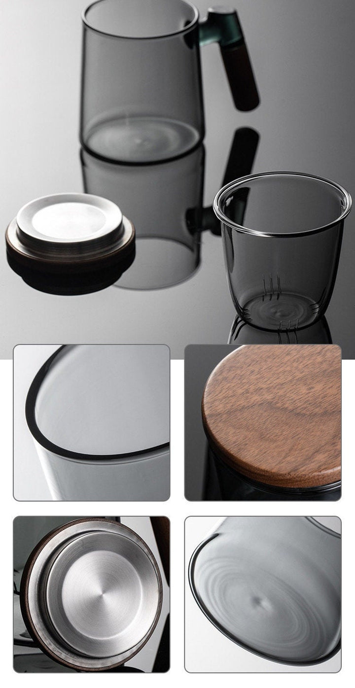 Glass tea mug with infuser and wooden lid