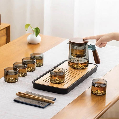 Semi Automatic Glass Teapot | 3D mountain design 17oz glass kettle for lose tea - Teaware Space