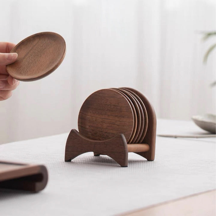 Zen style Walnut wood saucer set of 6 with holder - Teaware Space