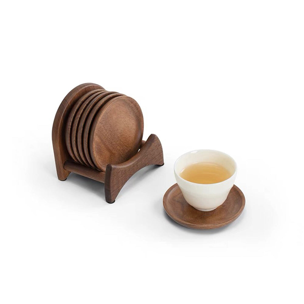 Zen style Walnut wood saucer set of 6 with holder - Teaware Space