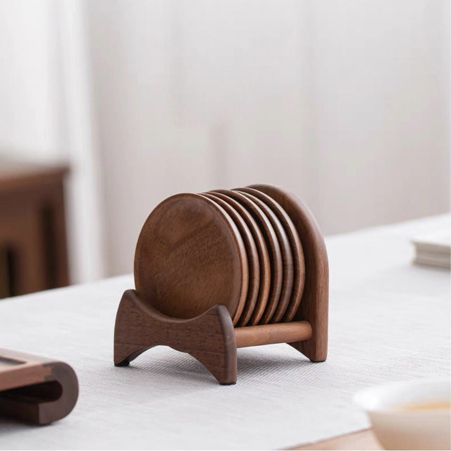 Zen style Walnut wood saucer set of 6 with holder - Teaware Space