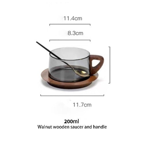 glass tea cup with wooden saucer and tea spoon, gift for her
