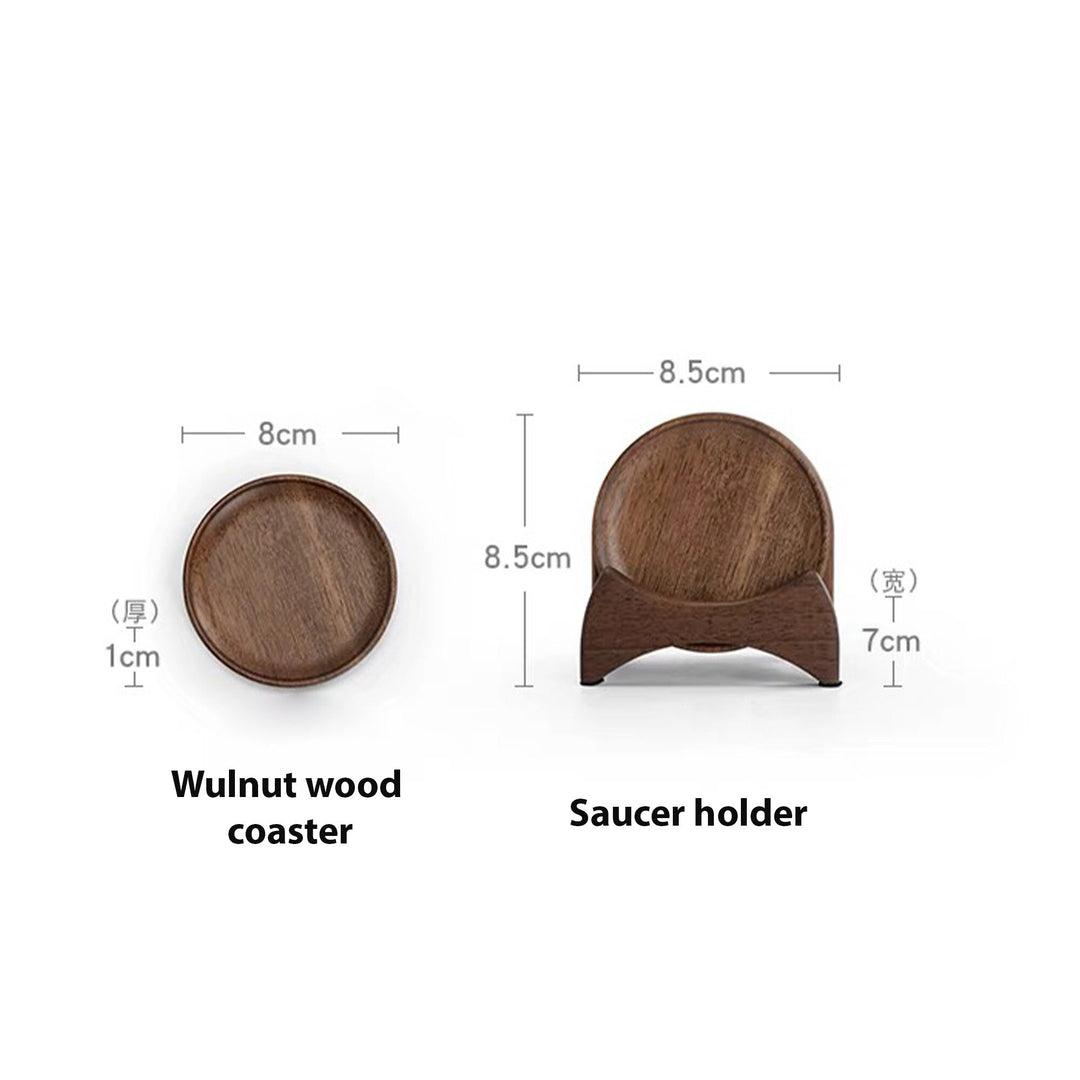 Zen style Walnut wood saucer set of 6 with holder - Teaware Space